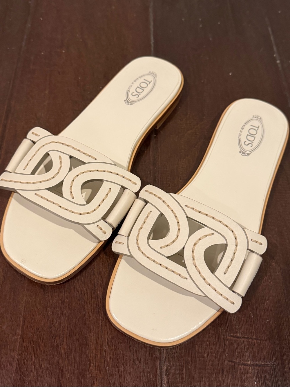 TOD'S Cream Leather Interlocking Strap Slide Mules